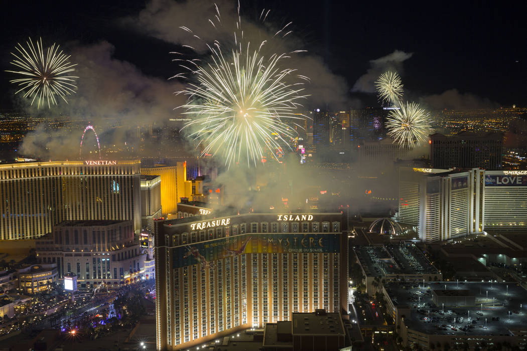 New Year’s fireworks are seen along the Strip from the top of the Trump International, ringing in the entrance of 2018. Richard Brian Las Vegas Review-Journal @vegasphotograph