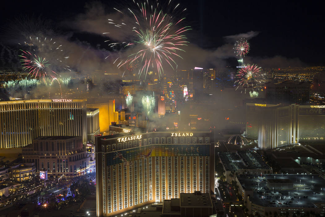 New Year’s fireworks are seen along the Strip from the top of the Trump International, ringing in the entrance of 2018. Richard Brian Las Vegas Review-Journal @vegasphotograph