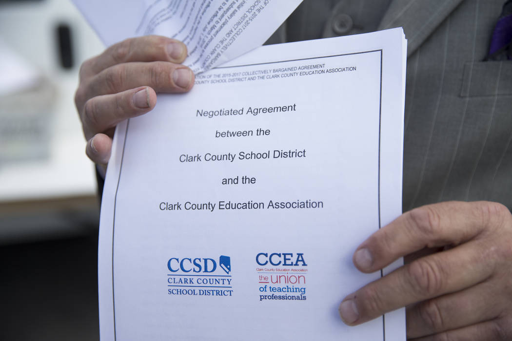 Clark County School District Board trustee Kevin Child attends a rally for affordable health insurance with teachers and supporters outside of the Clark County School District Education Center bef ...