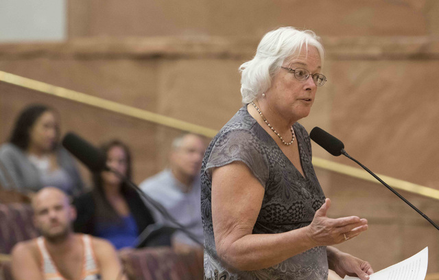 Clark County School District Trustee Carolyn Edwards speaks about the proposal to reorganize the Clark County School District during a town hall meeting at the Clark County Government Center in do ...