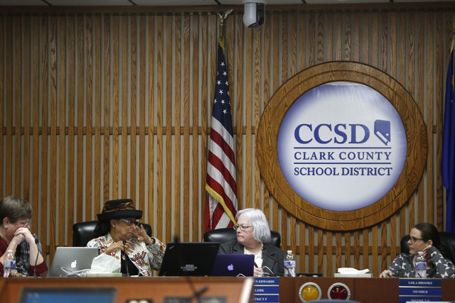 Clark County School Board members during a board meeting at the Edward A. Greer Center on Thursday, Feb. 23, 2017, in Las Vegas. Clark County School Board Trustee Kevin L. Child has insisted that  ...