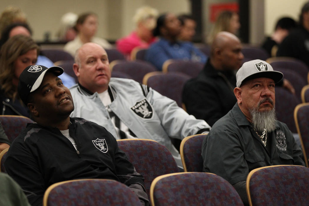 Raiders fans and members of Laborers Local 872, from left, Ken McLin, Dennis Cronin and Henry Baker listen during a Henderson City Council meeting Tuesday, Jan. 2, 2018. K.M. Cannon Las Vegas Revi ...