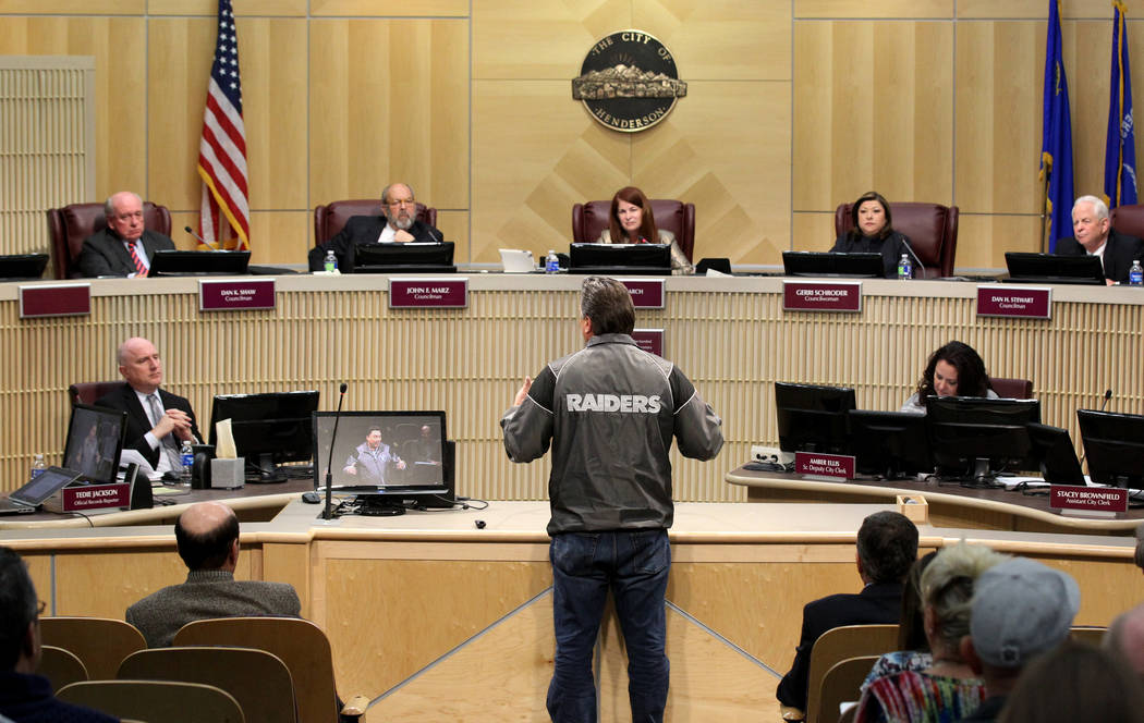 Tommy White, of the Labors Local 872 and member of the Las Vegas Stadium Authority Board, center, speaks to the Henderson City Council Tuesday, Jan. 2, 2018. K.M. Cannon Las Vegas Review-Journal @ ...