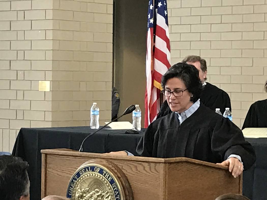 Nevada Supreme Court Justice Lidia Stiglich addresses family, friends and colleagues at her investiture ceremony Thursday, March 9, 2017, in Carson City. (Sandra Chereb/Las Vegas Review-Journal)