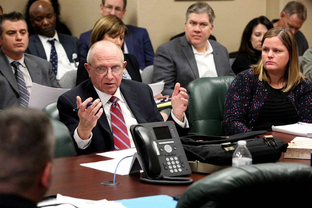 State Senator Joe Hardy addresses the Nevada State Board of Medical Examiners and a packed conference room of medical professionals about proposed regulations for Nevada Assembly Bill No. 474 whic ...