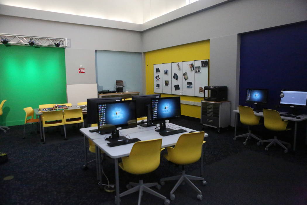 The Clark County Library’s Teen Tech Center which gives kids access to high-tech electronics features a recording studio and sound room, video editing room and green screen, social area wit ...