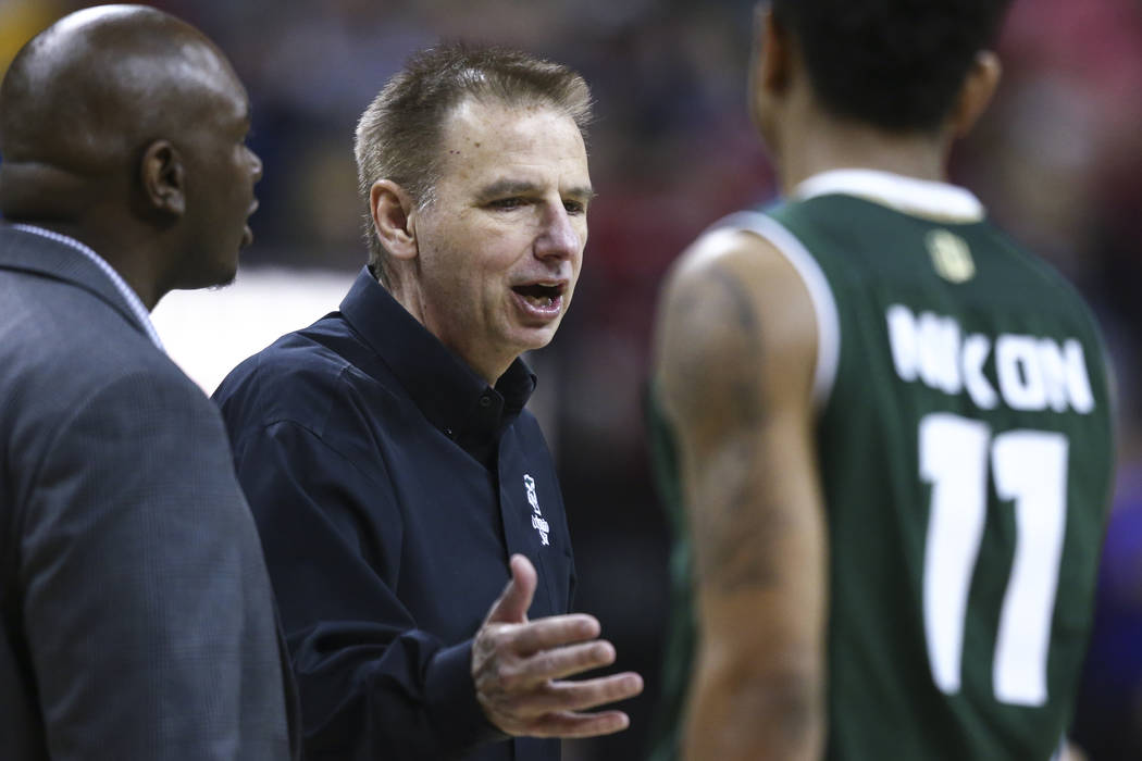 Colorado State head coach Larry Eustachy talks with Colorado State guard Prentiss Nixon (11) during the Mountain West Conference basketball championship game at the Thomas & Mack Center in Las ...