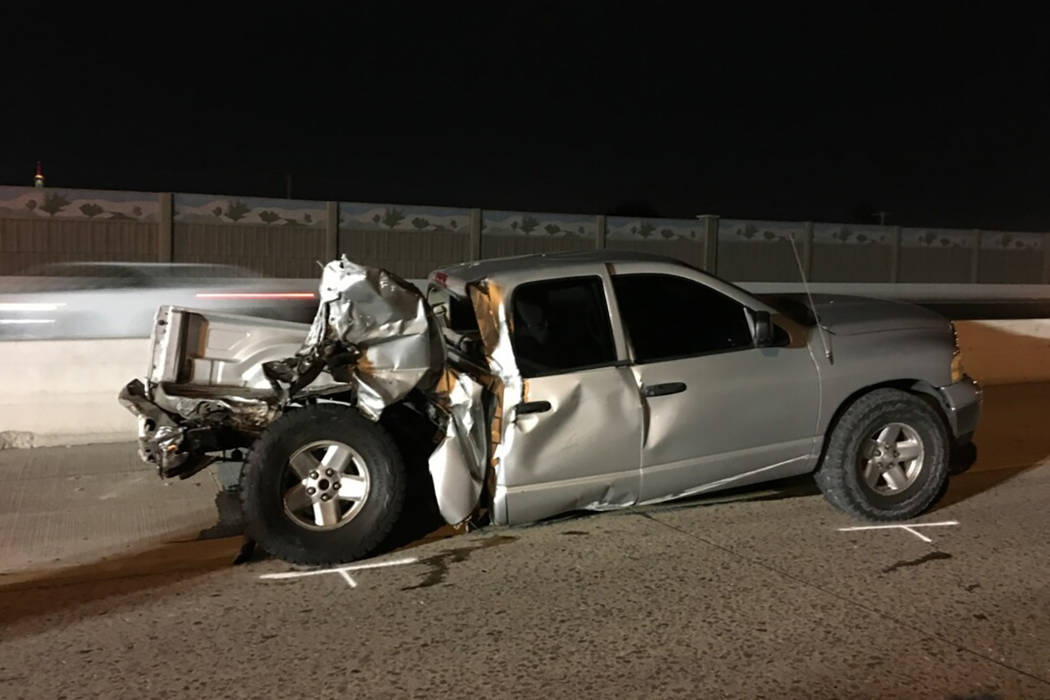 A Henderson man died after rear-ending a suspected drunken driver’s pickup stopped in the middle of U.S. Highway 95, the Nevada Highway Patrol said Tuesday, Jan. 2, 2017. (Nevada Highway Patrol)