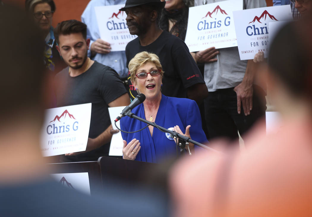 Clark County Commissioner Chris Giunchigliani announces her campaign for governor outside of Las Vegas Academy in downtown Las Vegas on Wednesday, Oct. 18, 2017. (Chase Stevens/Las Vegas Review-Jo ...