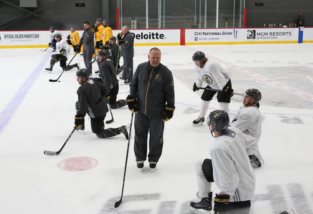 Vegas Golden Knights head coach Gerard Gallant watches his players during team's practice on Monday, Dec. 11, 2017, in Las Vegas. Bizuayehu Tesfaye Las Vegas Review-Journal @bizutesfaye