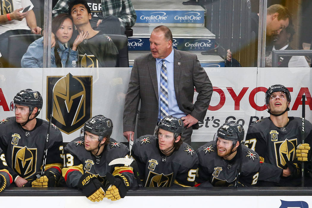 Golden Knights head coach Gerard Gallant on the bench as his team takes on the Florida Panthers during an NHL hockey game at T-Mobile Arena in Las Vegas on Sunday, Dec. 17, 2017. Chase Stevens Las ...