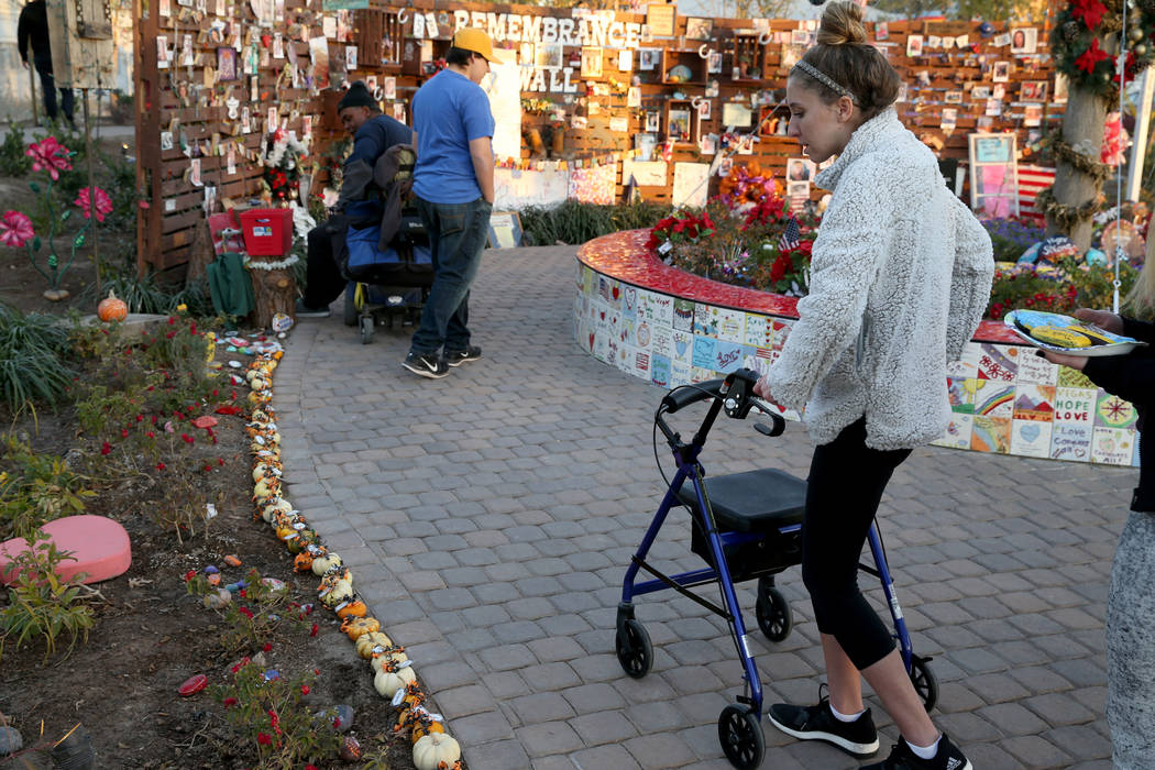 Katrina Hannah, 21, of La Verne, Calif., who was shot at the Route 91 harvest festival country music concert, visits the Healing Garden in downtown Las Vegas Thursday, Jan. 4, 2018. K.M. Cannon La ...