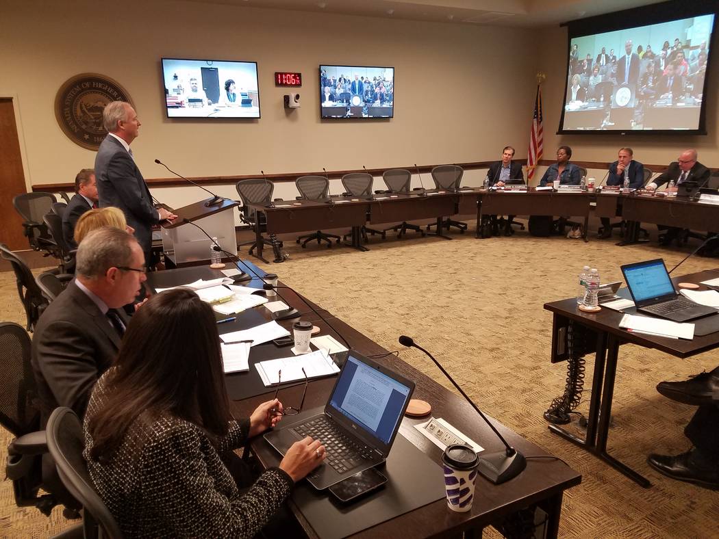 Steve Hill, chairman of the Las Vegas Stadium Authority, addresses the Nevada Board of Regents on the UNLV Joint-Use Agreement for use of the planned domed Las Vegas football stadium Thursday, Jan ...