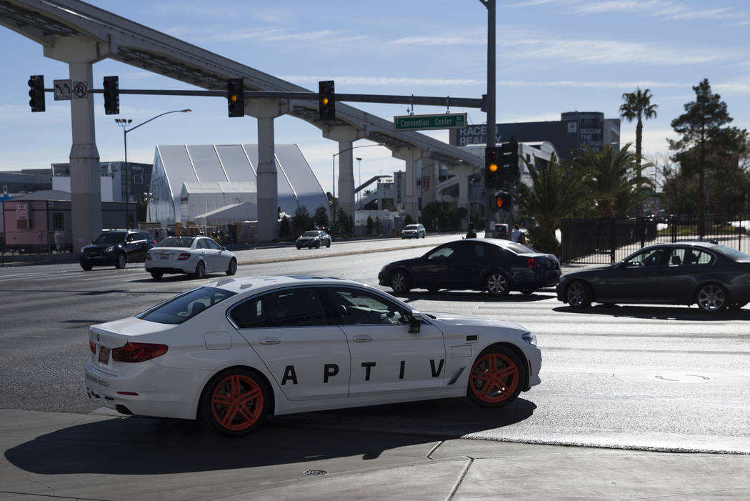 An Aptiv and Lyft autonomous vehicle outside takes the road outside of the Las Vegas Convention Center in advance of CES in Las Vegas, Sunday, Jan. 7, 2018. Erik Verduzco/Las Vegas Review-Journal
