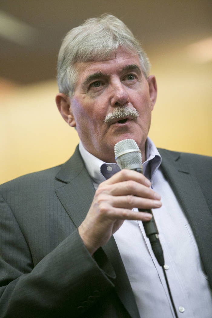 John Wood, Senior Vice President at Mortenson Construction, speaks during a presentation about the Las Vegas Raiders stadium project at the Clark County Government Center in Las Vegas, Wednesday,  ...
