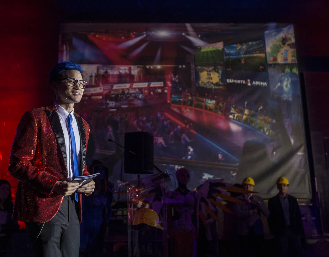 eSports personality Dan &quot;Frodan&quot; Chou entertains the crowd during a presentation in the main gaming area of the soon-to-be-completed eSports Arena at the Luxor hotel-casino on We ...