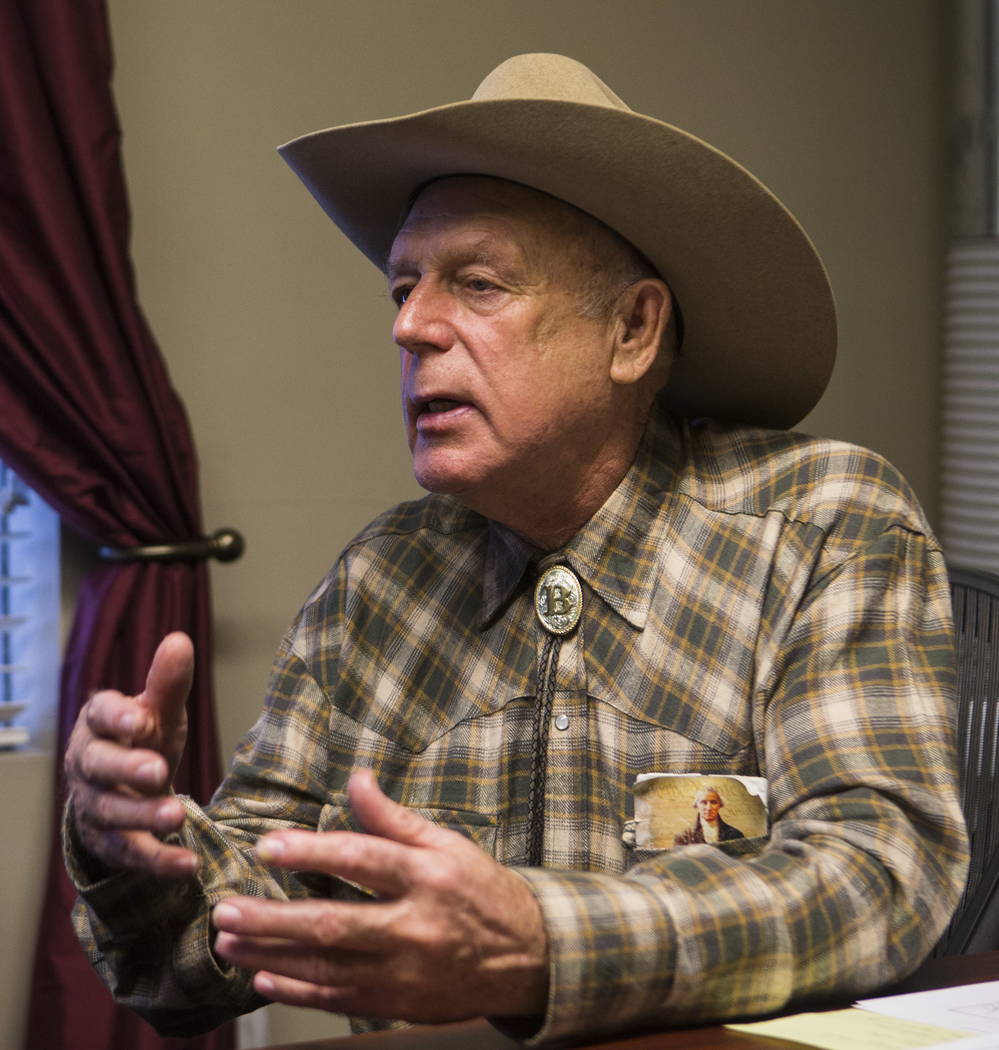 Bunkerville rancher Cliven Bundy at the office of defense attorney Bret Whipple in downtown Las Vegas on Tuesday, Jan. 9, 2018. Federal charges against Bundy, two of his sons and an independent mi ...