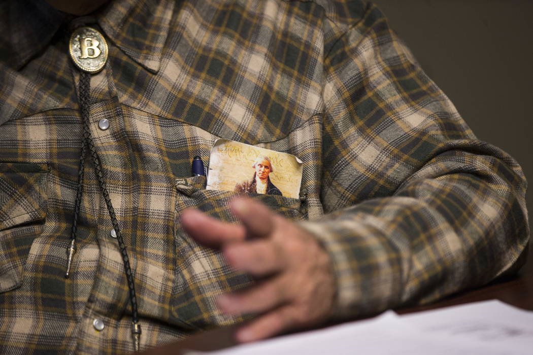 Bunkerville rancher Cliven Bundy at the office of defense attorney Bret Whipple in downtown Las Vegas on Tuesday, Jan. 9, 2018. Federal charges against Bundy, two of his sons and an independent mi ...