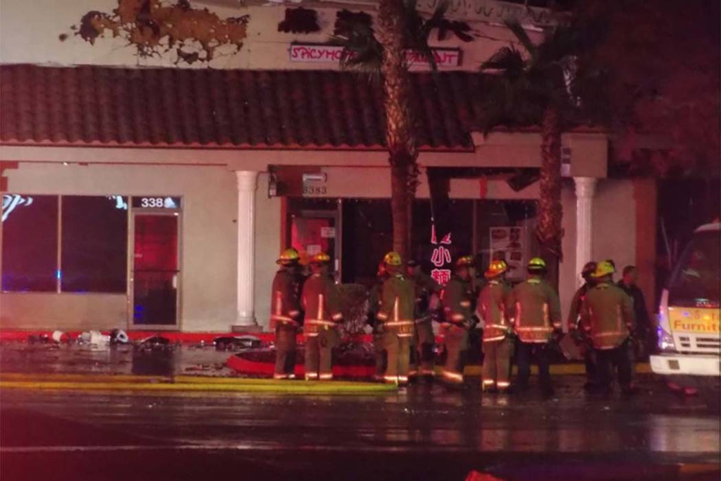 Clark County firefighters battled a blaze at a strip mall on the 3400 block of Jones Boulevard, near Desert Inn Road, early Tuesday morning. (Max Michor/Las Vegas Review-Journal)