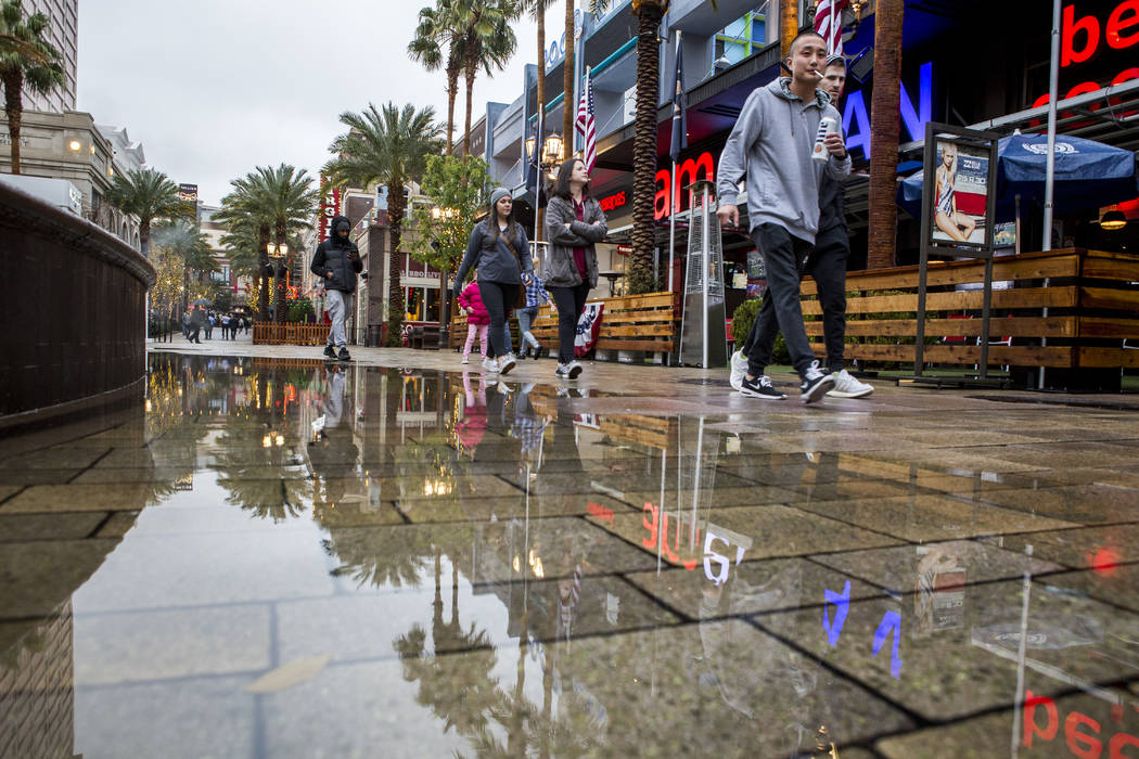 Pedestrians walk along The Linq Promenade on a rainy day in Las Vegas on Tuesday, Jan. 9, 2018. Patrick Connolly Las Vegas Review-Journal @PConnPie