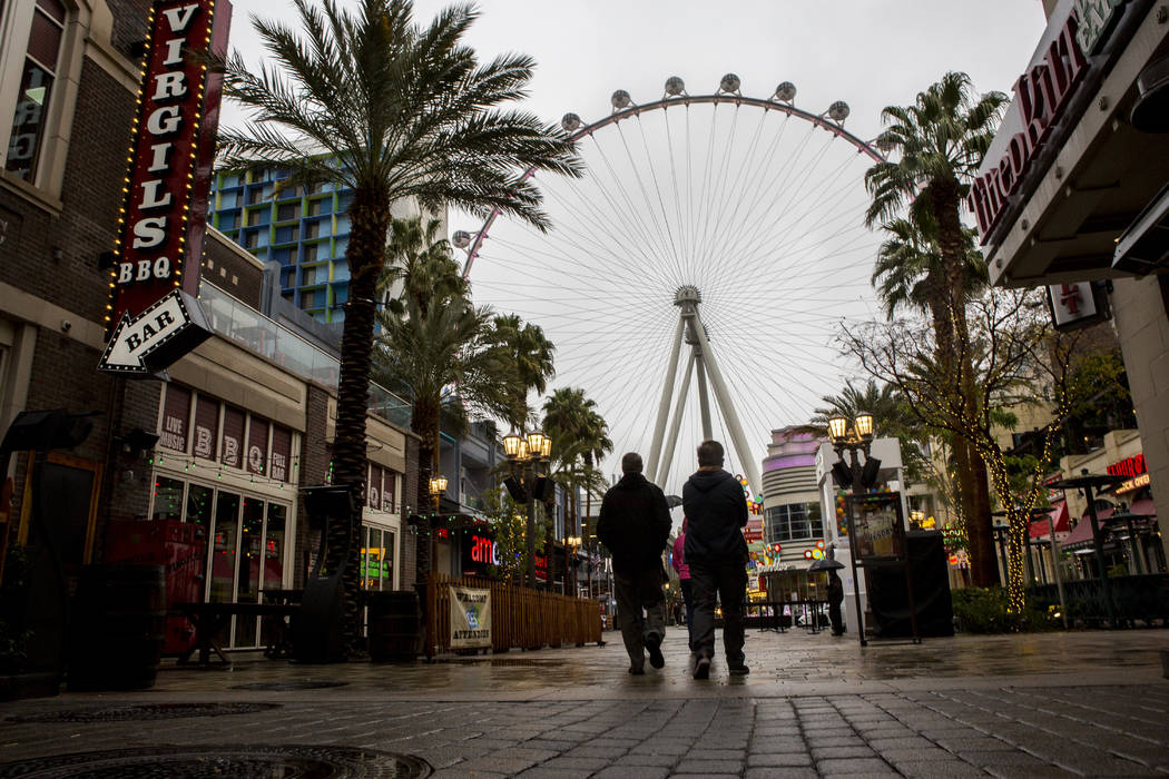 Pedestrians walk along The Linq Promenade on a rainy day in Las Vegas on Tuesday, Jan. 9, 2018. Patrick Connolly Las Vegas Review-Journal @PConnPie