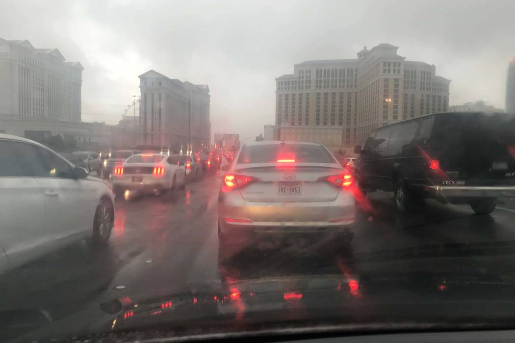 Traffic backs up during a rainstorm on Flamingo Road just west of the Las Vegas Strip, Tuesday, Jan. 9, 2018. (Elaine Wilson/Las Vegas Review-Journal)