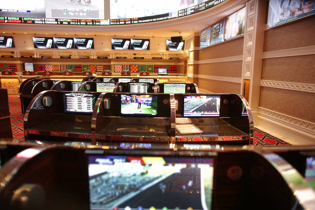 The carrels at the new race and sports book at the Wynn on Monday, July 31, 2017, in Las Vegas. There are new screens, seats and carpet. (Rachel Aston/Las Vegas Review-Journal) @rookie__rae