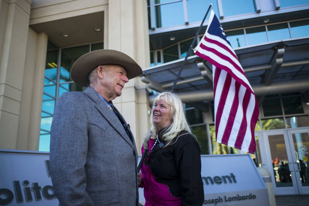 Rancher Cliven Bundy talks with supporter Shawna Cox at Metropolitan Police Department headquarters on Wednesday, Jan. 10, 2018. Chase Stevens Las Vegas Review-Journal @csstevensphoto