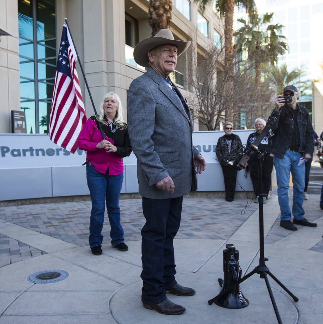 Rancher Cliven Bundy addresses supporters and journalists at Metropolitan Police Department headquarters on Wednesday, Jan. 10, 2018. Chase Stevens Las Vegas Review-Journal @csstevensphoto