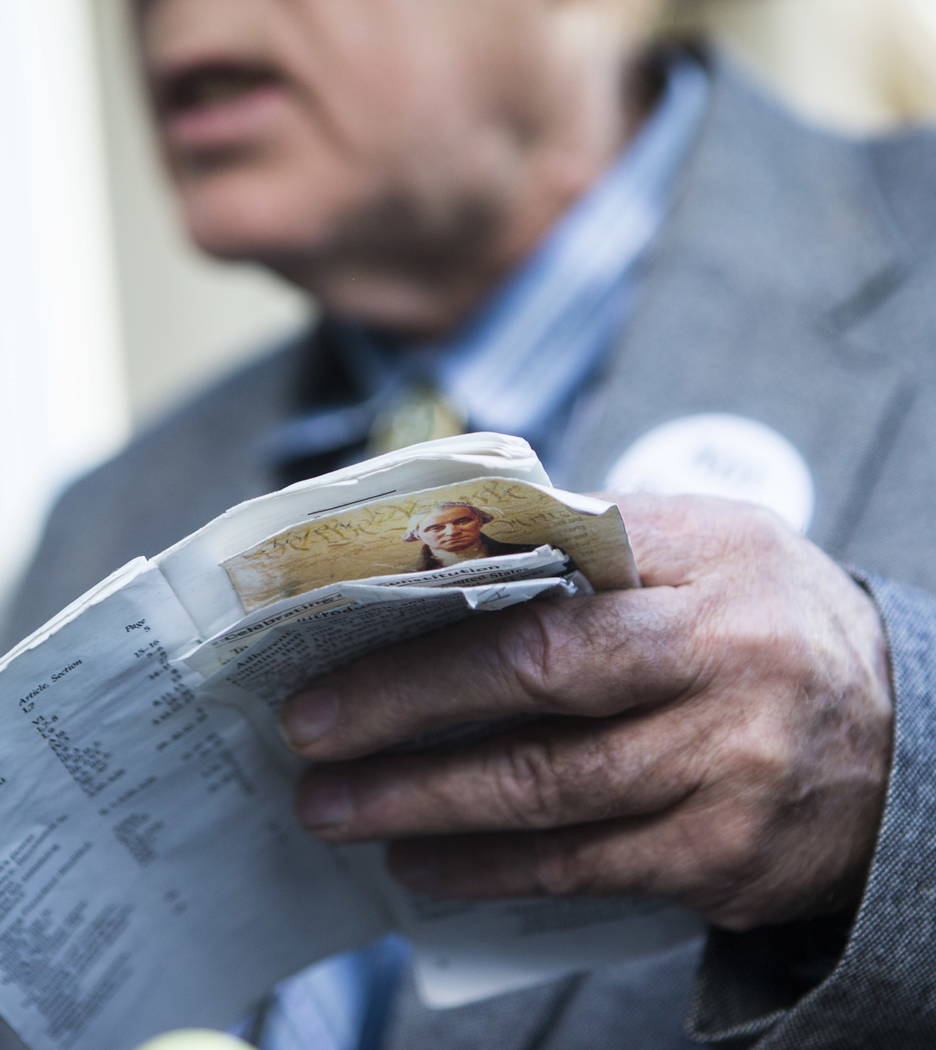 Rancher Cliven Bundy holds his copy of the U.S. Constitution after speaking at Metropolitan Police Department headquarters on Wednesday, Jan. 10, 2018. Chase Stevens Las Vegas Review-Journal @csst ...