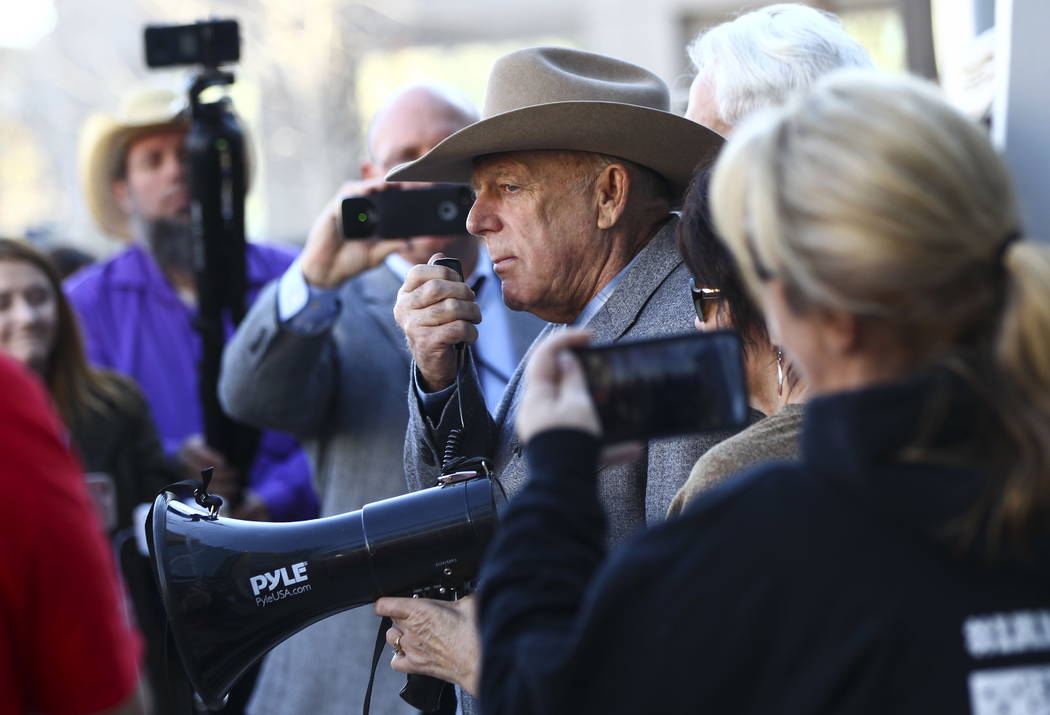 Rancher Cliven Bundy addresses supporters and journalists at Metropolitan Police Department headquarters on Wednesday, Jan. 10, 2018. Chase Stevens Las Vegas Review-Journal @csstevensphoto