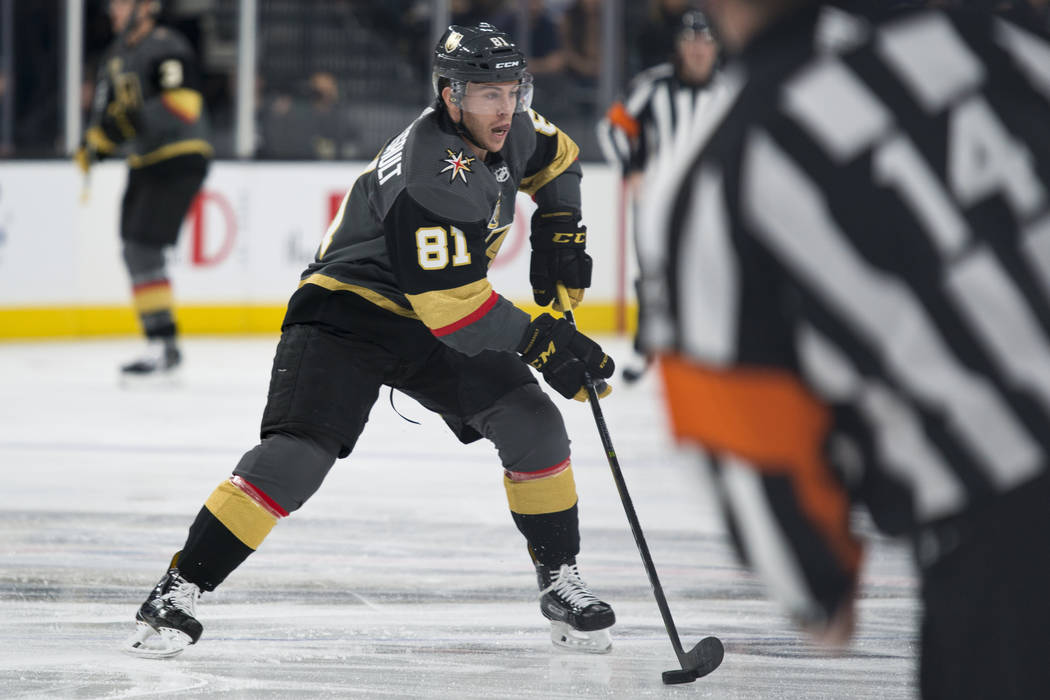 Vegas Golden Knights center Jonathan Marchessault (81) moves the puck up the ice during their home game against the Toronto Maple Leafs at T-Mobile Arena in Las Vegas on Sunday, December 31, 2017. ...