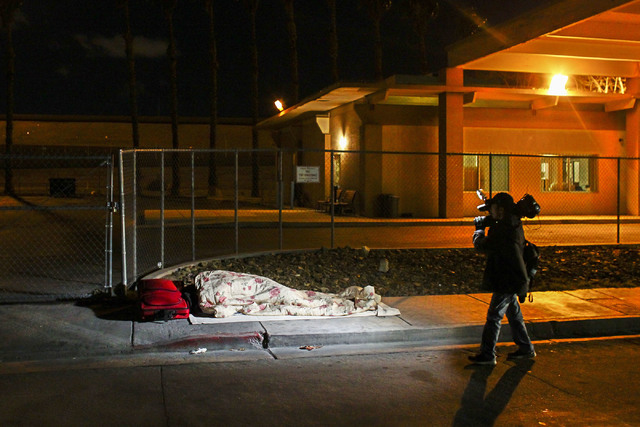 A homeless person sleeps along A Street during the Southern Nevada Homeless Census in downtown Las Vegas on Tuesday, Jan. 24, 2017. (Chase Stevens/Las Vegas Review-Journal) @csstevensphoto