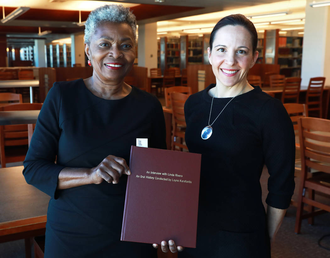 Claytee White, director of the Oral History Research Center, and Michelle Light, director of Special Collections and Archives, pose for a photograph at the Lied Library in Las Vegas, Jan. 12, 2018 ...
