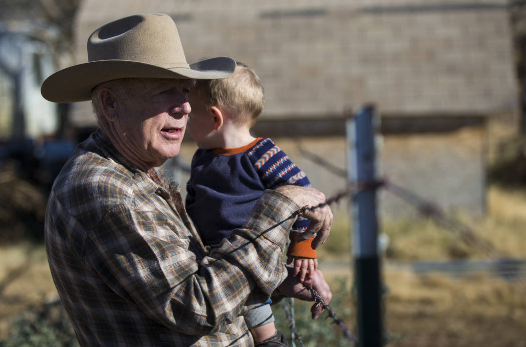 Cliven Bundy with his grandson LaVoy at Bundy Ranch in Bunkerville on Thursday, Jan. 11, 2018. Bundy was released from federal custody after charges against him were dismissed in his trial. Chase  ...