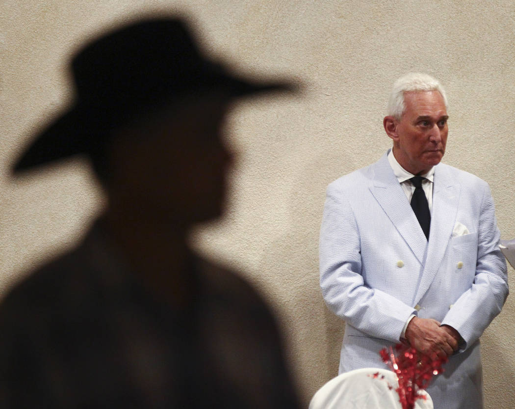 Political consultant Roger Stone, right, before speaking at a fundraising event in support of the Bundy family at Rainbow Gardens in Las Vegas on Saturday, July 15, 2017. Chase Stevens Las Vegas R ...