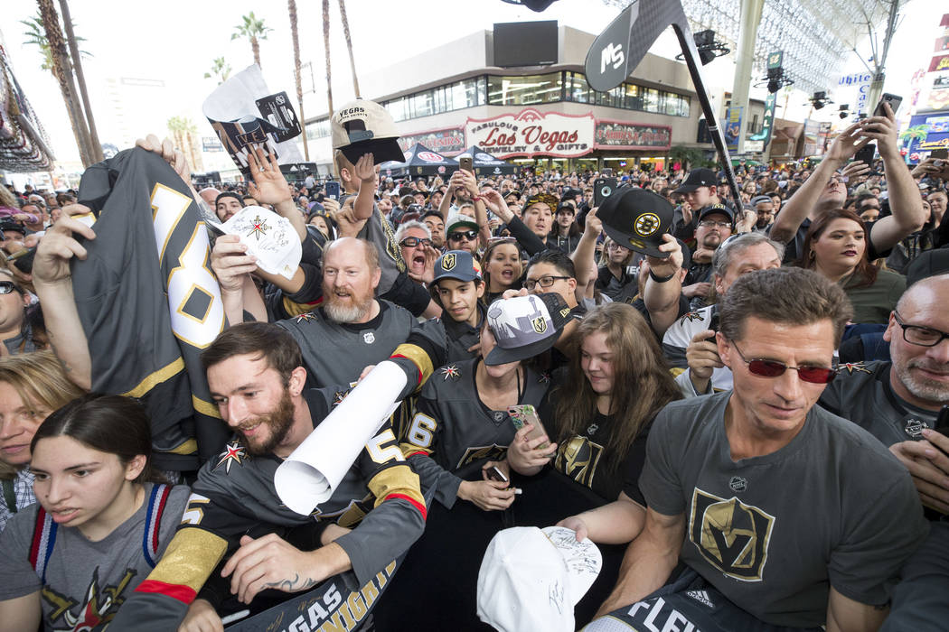 Vegas Golden Knights fans wait for autographs during the team's first fan fest at the Fremont Street Experience in downtown Las Vegas on Sunday, Jan. 14, 2018. Richard Brian Las Vegas Review-Journ ...