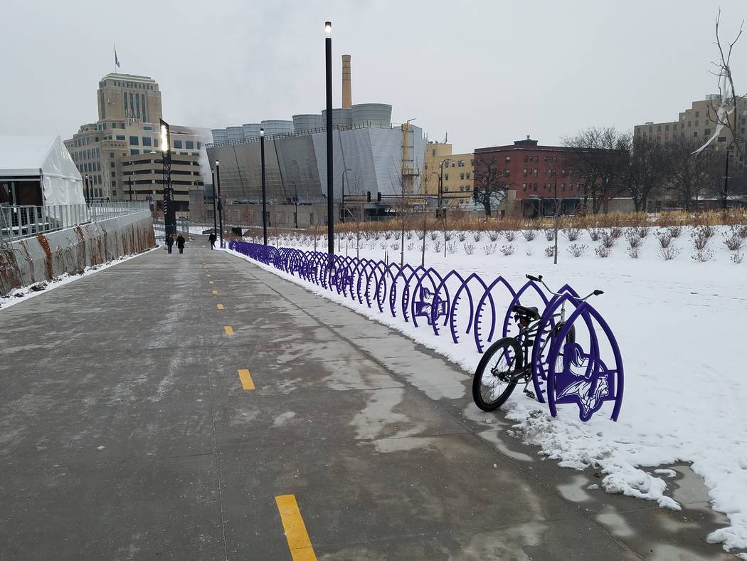 Minnesotans are hearty bike riders, even in the winter, and these football-shaped bike racks surround U.S. Bank Stadium on Sunday, Dec. 17, 2017, prior to the Cincinnati Bengals-Minnesota Vikings  ...