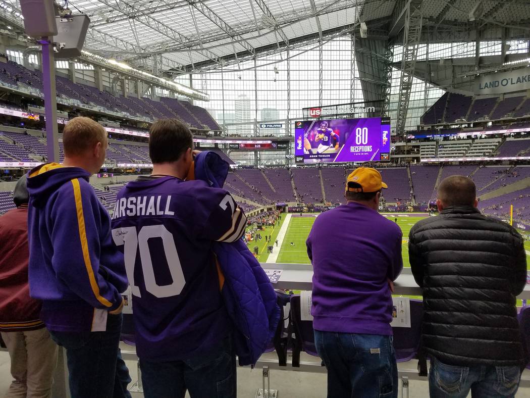 Fans shed their parkas and enjoy the view from the east end of U.S. Bank Stadium on Sunday, Dec. 17, 2017, prior to the Cincinnati Bengals-Minnesota Vikings game.  Richard N. Velotta/Las Vegas Rev ...