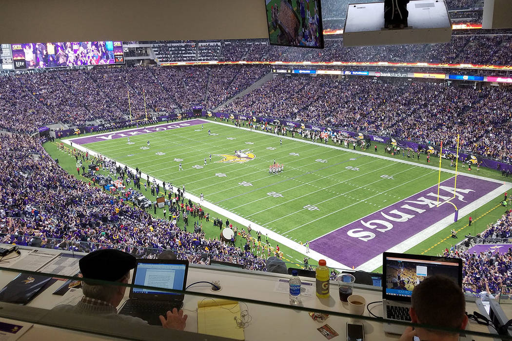Three rows of reporters, about 150 journalists, have a direct view of the field and replay screens from the press box at U.S. Bank Stadium on Sunday, Dec. 17, 2017, prior to the Cincinnati Bengals ...