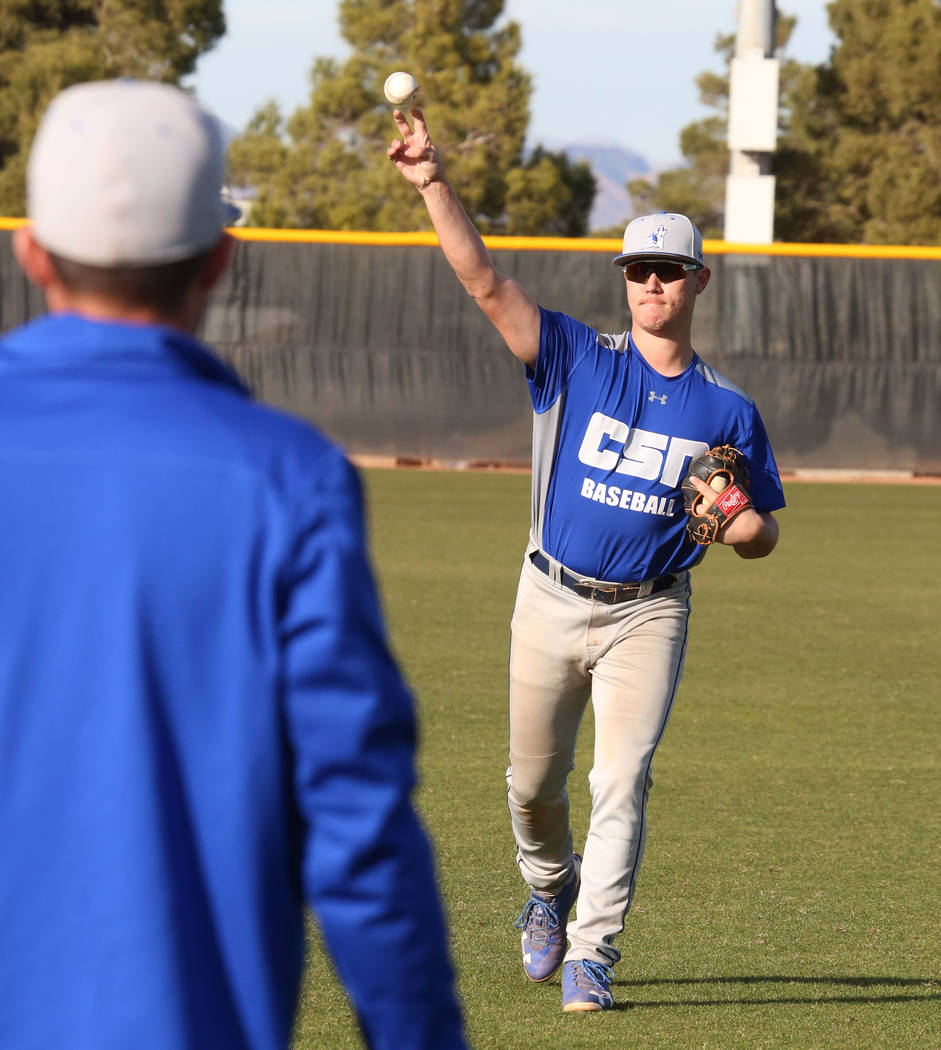 College of Southern Nevada baseball player Joey Takashi O'Brien warms up during practice at CSN baseball stadium on Tuesday January, Jan. 16, 2018, in Henderson. Bizuayehu Tesfaye/Las Vegas Review ...