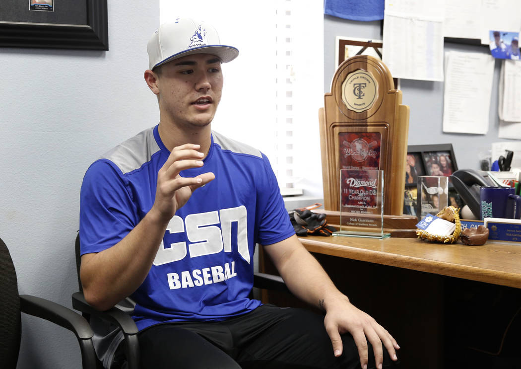 College of Southern Nevada baseball player Joey Takashi O'Brien speaks during an interview with the Las Vegas Review-Journal at CSN baseball stadium on Tuesday January, Jan. 16, 2018, in Henderson ...