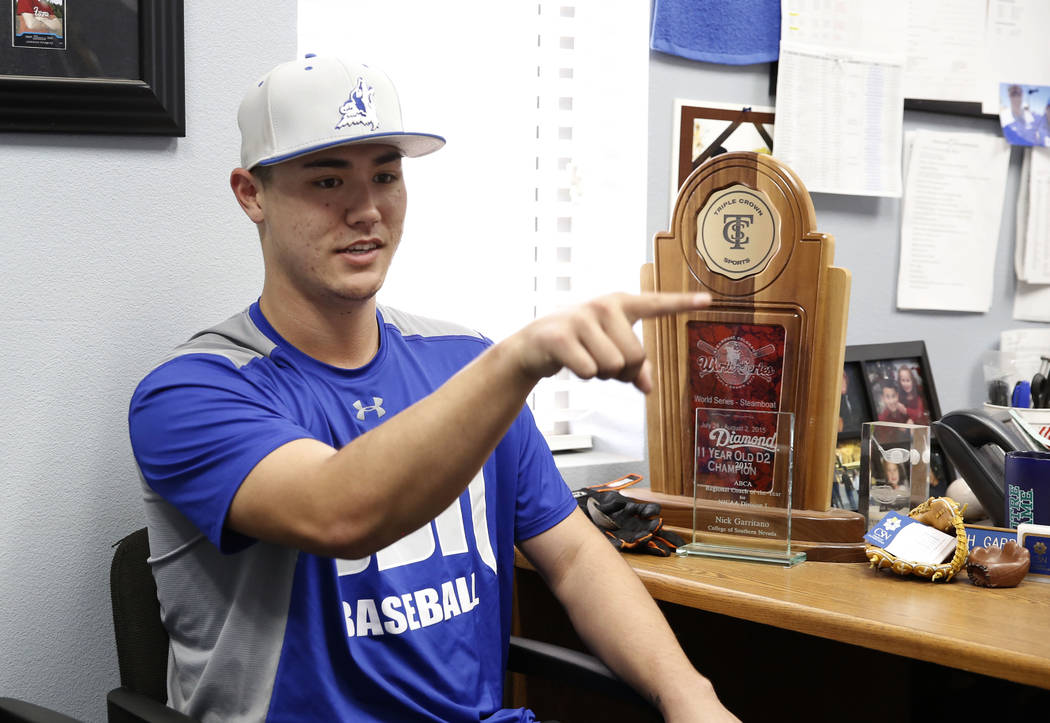 College of Southern Nevada baseball player Joey Takashi O'Brien gestures as he talks about his pitching during an interview with the Las Vegas Review-Journal at CSN baseball stadium on Tuesday Jan ...