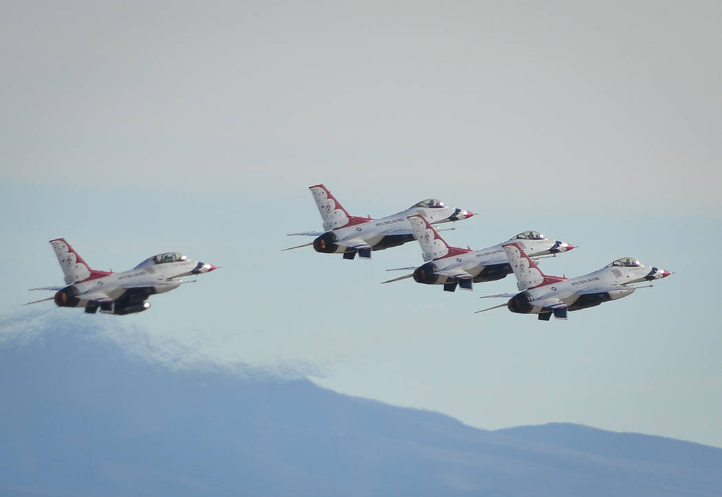The United States Air Force Thunderbirds take off in formation during Aviation Nation 2017 at Nellis Air Force Base in Las Vegas on Friday, Nov. 10, 2017. Brett Le Blanc/Las Vegas Review-Journal