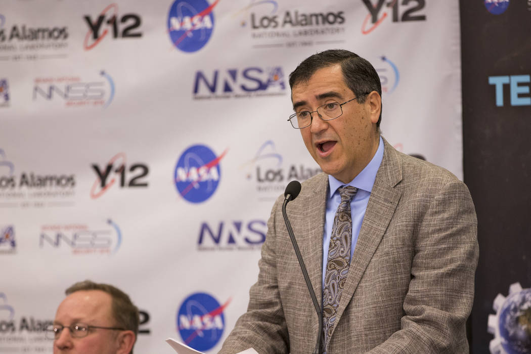 Mark Martinez, president of Mission Support and Test Services, speaks during a panel discussion on a future mission to Mars, at the National Atomic Testing Museum, in Las Vegas, Thursday, Jan. 18, ...