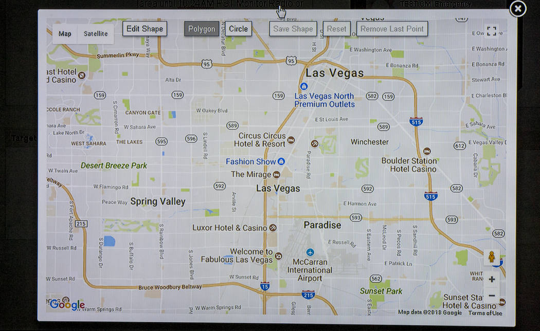 The Clark County’s emergency alert system allows for geographic boundaries for alerts as demonstrated at Fire Station 18 on Flamingo Road in Las Vegas on Thursday, Jan. 18, 2018. Patrick Connol ...