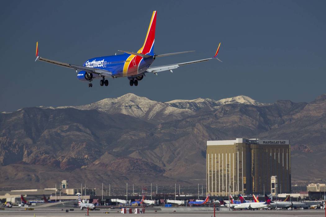 A Southwest Airlines flight descends as it approaches McCarran International Airport in Las Vegas on Monday, Jan. 22, 2018. Richard Brian Las Vegas Review-Journal @vegasphotograph