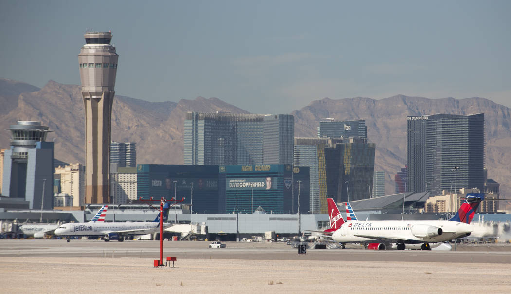 Commercial airliners on the tarmac at McCarran International Airport in Las Vegas on Monday, Jan. 22, 2018. Richard Brian Las Vegas Review-Journal @vegasphotograph