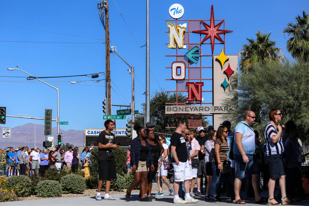 People wait in line to enter the Neon Museum in Las Vegas, Saturday, Oct. 28, 2017. The museum is celebrating its fifth anniversary this weekend. Joel Angel Juarez Las Vegas Review-Journal @jajuar ...
