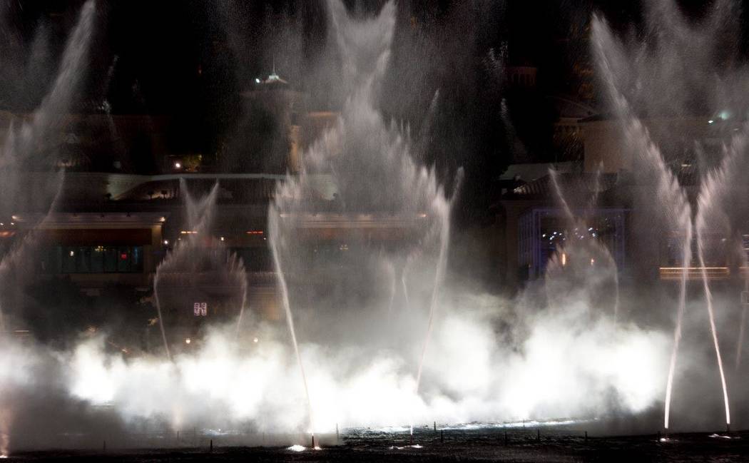 A look at the Bellagio Fountain show as it plays Cher's "Believe" on Wednesday, Jan. 17, 2018. (Tom Donoghue)